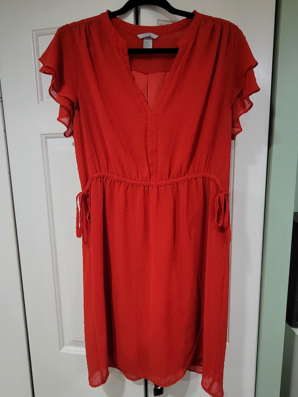 H&M Coral-Red Midi Dress with Tie-Waist